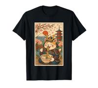 Divertente Gatto Samurai Che beve Ramen sotto Il Monte Fuji e Sakura Maglietta