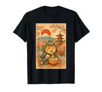 Divertente Gatto Samurai Che beve Ramen sotto Il Monte Fuji e Sakura Maglietta