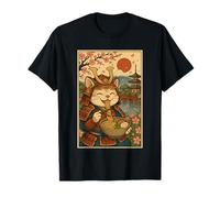 Divertente Gatto Samurai Che beve Ramen sotto Il Monte Fuji e Sakura Maglietta