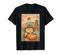Divertente Gatto Samurai Che beve Ramen sotto Il Monte Fuji e Sakura Maglietta