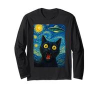 Divertente Gatto Selfie Alieno UFO La Notte Stellata Amante dei Gatti Carino Maglia a Manica