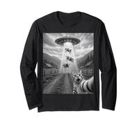 Divertente Gatto Selfie con Mucche Volanti e UFO Maglia a Manica