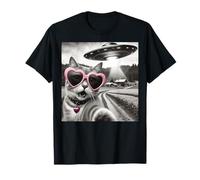 Divertente gatto selfie con UFO gatto con occhiali da sole cuore Maglietta