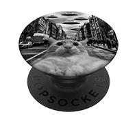 Divertente gatto selfie con UFO retrò gatto PopSockets PopGrip Adesivo