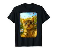 Divertente gatto selfie gattino carino nel campo di fiori Cat Meme Maglietta