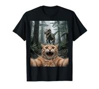 Divertente Gatto Selfie Velociraptor UFO Foresta Incontro Maglietta