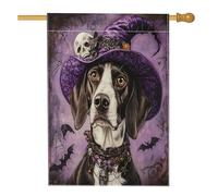 Divertente Halloween strega puntatore a pelo corto cane cortile cortile lino verticale casa bandiere 28 x 40 su entrambi i lati per esterno, cappello mago cucciolo stampa bandiera, gotico casa