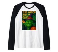 Divertente Maglietta di Halloween Trump Witch Runs on Ice And Tariffs Maglia con Maniche Raglan