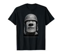 Divertente Moai Statua Testa Che Indossa Casco della seconda Guerra Mondiale Maglietta