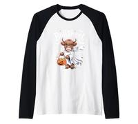 Divertente Mucca Highland Halloween Voglio Dire Boo Ghost Maglia con Maniche Raglan