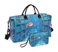 Divertente Ocean Library Book Fish Blue Pernottamento Viaggio Duffel Bag Carry on Weekender Pernottamento Borsa Sport Tote Gym Bag con Toiletry Bag per Viaggio Impermeabile Bolsa para Gym para Mujer