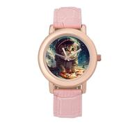 Divertente orologio analogico al quarzo da donna, elegante, con gatto che vola una pizza astronauta, Stile:, regular, Cinturino