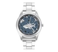 Divertente orologio da polso al quarzo da uomo, con squali e cinturino in acciaio inox, in lega, stile casual, Stile:, regular, Bracciale