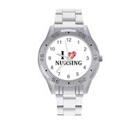 Divertente orologio da uomo con cinturino in acciaio inox, analogico, al quarzo, con scritta "I Love Nursing", Stile:, regular, Bracciale