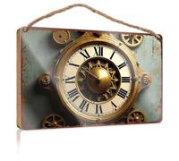 Divertente orologio vintage da uomo in ottone con intricati numeri romani e ingranaggi, cartello in legno, divertente cartello da porta con cornice regalo per tutti (23 x 35 cm)