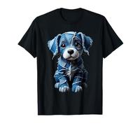 divertente patch denim animale cane stampa patchwork arte Maglietta