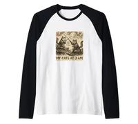 Divertente Pittura a Inchiostro Sumi-e Kawaii Giapponese My Cats alle 3 del Mattino Maglia con Maniche Raglan