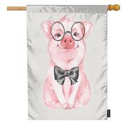 Divertente porcellino benvenuto bandiera della casa, adorabile maiale rosa con gli occhiali Nodo a fiocco Grandi bandiere da giardino 28x40 pollici Bandiera da cortile Banner Portico Bandiere per pa
