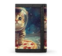 Divertente portafoglio a tre ante con gatto che vola una pizza astronauta con scomparti per carte di credito, pochette per uomini e donne, Stile:, Taglia unica