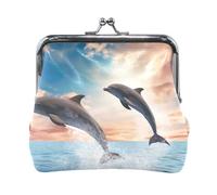 Divertente portamonete beige con gatto bacio, portamonete in pelle, da donna, 11,4 x 10,4 cm, delfini, saltare, cielo nuvoloso, Taglia unica, Delfini che saltano cielo nuvoloso
