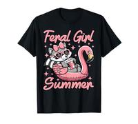 Divertente Procione Feral Girl Summer Vacation Pink Flamingo Maglietta