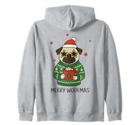 Divertente Pug Merry Woofmas con Cappello di Babbo Natale Maglione Natalizio Felpa con Cappuccio