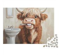 Divertente puzzle da 1000 pezzi con mucca che si lava i denti. Mucca delle Highlands che si lava i denti, gioco educativo per adulti. Bellissima decorazione,regalo di compleanno. 52x38cm/1000pcs