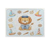 Divertente puzzle nautico con leone blu navy, per adulti, 500 pezzi, puzzle in legno stampato con animali della nave estiva, decorazioni con motivo costiero per feste di intrattenimento