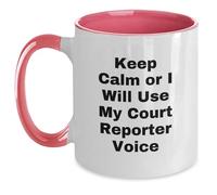 Divertente regalo da parte di amici per la laurea in tribunale, "Keep Calm Or I Will Use My Court Reporter Voice", tazza da caffè bicolore con scritta in inglese "Keep Calm Or I Will Use My Court