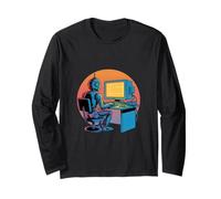 Divertente Retro Robot Codifica Schermo del Computer Maglia a Manica