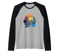Divertente Retro Robot Codifica Schermo del Computer Maglia con Maniche Raglan