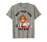 Divertente Ringraziamento Turchia vs Babbo Natale Aspetta Il Tuo Turno Ragazzo Grasso Maglietta