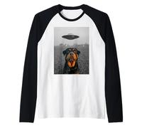 Divertente Rottweiler UFO Alien Meme Opere Maglia con Maniche Raglan