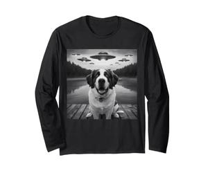 Divertente San Bernardo Selfie UFO Astronave Aliena Amante dei Cani Maglia a Manica