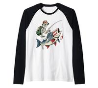 Divertente Scheletro spettrale Patriot Pesca Bandiera Americana Pesce Maglia con Maniche Raglan