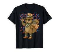 Divertente scoiattolo patriottico USA bandiera stivali 4 luglio fuochi d'artificio Maglietta