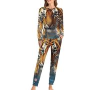 Divertente set pigiama da donna con tigre nella vasca da bagno, top a maniche lunghe e pantaloni, biancheria da notte morbida, 2 pezzi, Stile:, XS