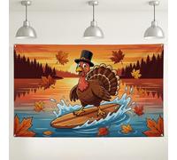 Divertente sfondo con frase in lingua inglese "Surfing Turkey", 180 x 109 | Illustrazione fantasiosa della Turchia, sfondo fotografico, foglie d'acero che cadono, vista sul lago al tramonto