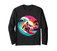 Divertente Surf Sasquatch Tramonto Hawaiano Retro Tropical Vibes Maglia a Manica