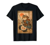 Divertente Sushi Samurai Gatto Dojo Tramonto Ukiyo-e Manga Kanji Art Maglietta