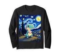 Divertente T-Rex che tiene il cuore Van Gogh Style Design Maglia a Manica