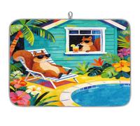 Divertente tappetino assorbente per scolapiatti con scoiattolo tropicale per bancone della cucina, tappetino in microfibra reversibile con anello per appendere utensili in vetro, pentole, 45,72 x