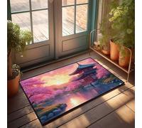 Divertente tappeto da bagno con fiori di ciliegio Serenità: un tempio giapponese al tramonto, zerbino per porta d'ingresso e interno (50 x 80 cm)