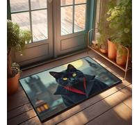 Divertente tappeto da bagno con gatto nero nel paesaggio urbano illuminato dalla luna, zerbino per porta d'ingresso e interno (50 x 80 cm)