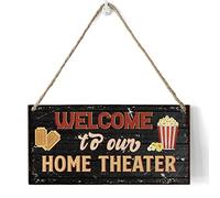 Divertente targa decorativa da appendere al cinema, rustica, con scritta in lingua inglese "Welcome to our home theater" (lingua italiana non garantita), in metallo, stile retrò, vintage, 20,3 x 30,5