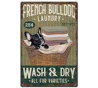 Divertente Targa French Bulldog Laundry Wash and Dry Tabella delle freccette Con i detti per Decorazione per compleanni,Collezionisti di decorazioni tematiche,Genitori,Ambientazione retrò S