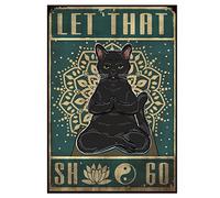Divertente targa in metallo con mandala meditazione zen New Age - Let that she go - decorazione da parete per gli amanti dei gatti, poster decorativo da parete per casa, fattoria, bar, ristorante