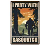 Divertente targa in metallo con scritta "Camping and Big-Foot I Party With Sasquatch Signs Retro Metal Poster Vintage Country Art Sign for Home Office Restaurants Cafes Bar Pub Wall Decor Sign 20x30"