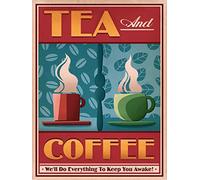 Divertente targa in metallo con scritta "Tea and Coffee We Will Do Everything We can to Keep You Awake" (lingua italiana non garantita) per casa, bagno, patio, bar, caffetteria, 20,3 x 30,5 cm