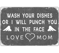 Divertente targa in metallo con scritta "Wash Your Dishes Or I Will Punch You In The Face", vintage, nostalgica, con scritta "Love Mom", decorazione artistica da parete, idea regalo tra amici, per